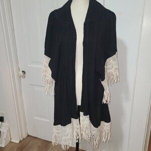 Umgee M/L USA Fringe Cardigan Open Front Black W/ White Fringe Wide 3/4 Sleeve